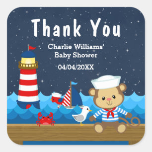 Sticker Carré Garçon Marin Singe Rouge Baby Shower Merci