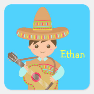 Sticker Carré Garçon mignon Chapeau de Sombrero Mexicain Guitare