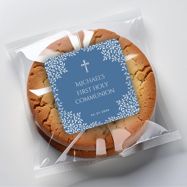 Sticker Carré Garçon Première Communion Classique Feuilles Bleue (Créateur téléchargé)