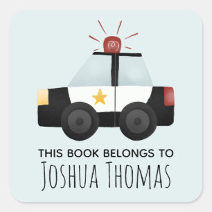 Sticker Carré Garçons Ce Livre Appartient Police Voiture Kids Bo