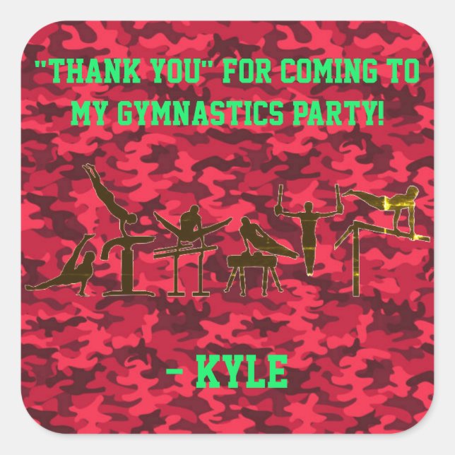 STICKER CARRÉ GARÇONS GYMNASTICS FÊTE D'ANNIVERSAIRE PERSONNALIS (Devant)
