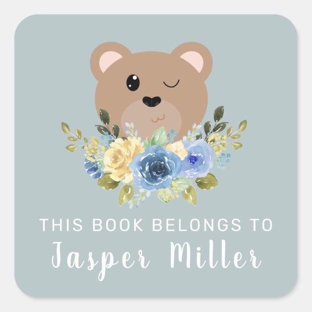 Sticker Carré Garçons mignonette Ours En Teddy Dusty Bleu & Nom  (Devant)
