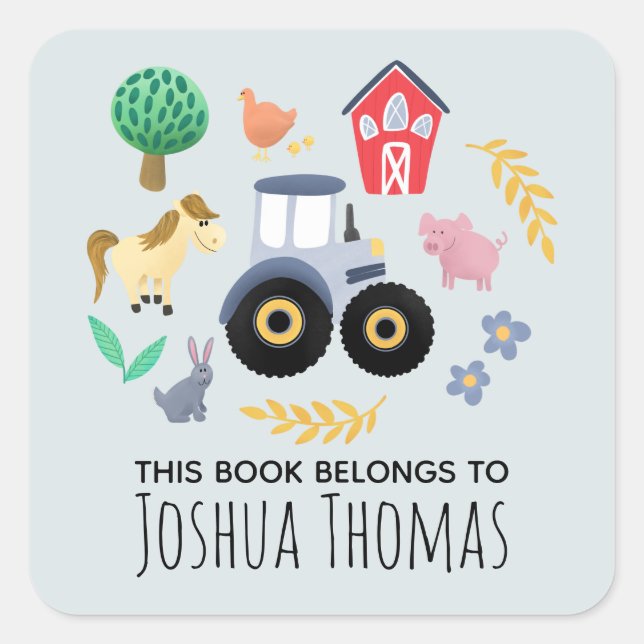 Sticker Carré Garçons mignons Ce livre Appartient à Blue Farm Tr (Devant)