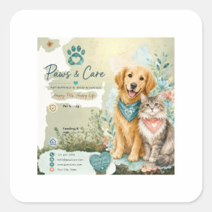 Sticker Carré Garde d'animaux Chien Mignon et Chat Promeneur de