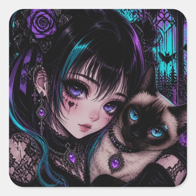 Sticker Carré Garder le Contact | Fille Anime & Chat (Devant)