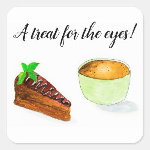 Sticker Carré Gâteau au Chocolat Aquarelle Et Café