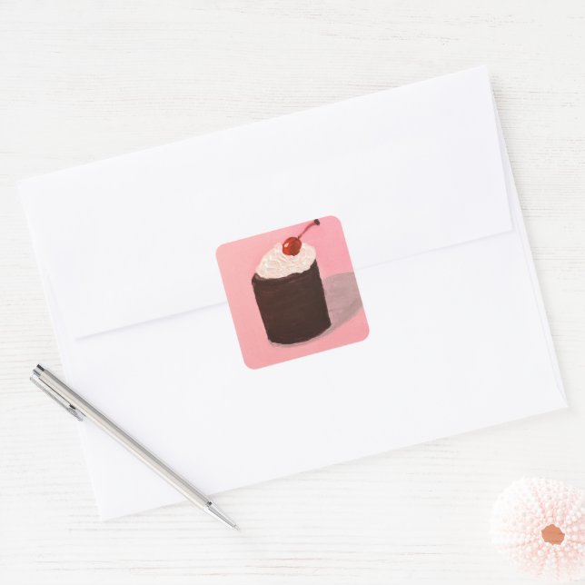 Sticker Carré Gâteau avec Cerise sur le Dessus (Enveloppe)