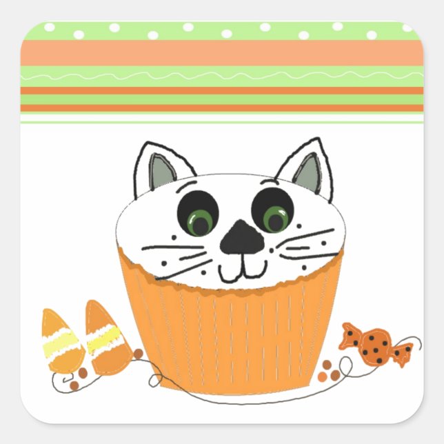 Sticker Carré Gâteau cupcake de chat d'Halloween (Devant)