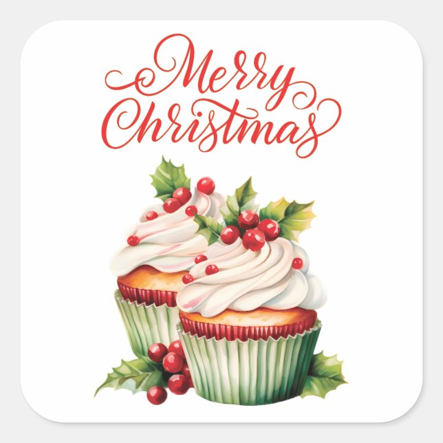 Sticker Carré Gâteau cupcake de Noël à la baie de houx (Devant)