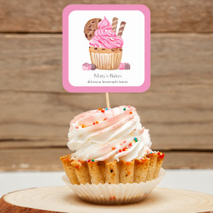 Sticker Carré Gâteau cupcake rose aquarelle avec pâtisserie au c