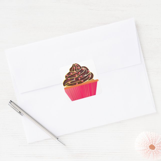 Sticker Carré Gâteau cupcake rose glaçage au chocolat (Enveloppe)