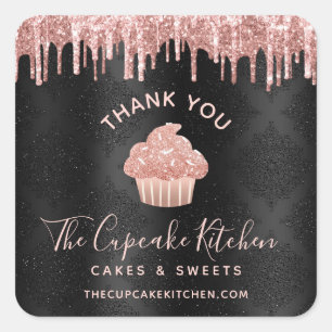 Sticker Carré Gâteau Cupcake Rose Gold Merci Paillettes Boulange