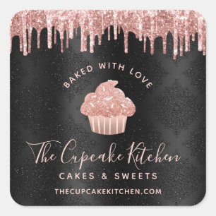Sticker Carré Gâteau Cupcake Rose Gold Pailleté Noir