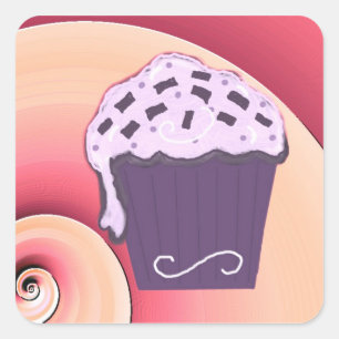 Sticker Carré Gâteau Cupcake Violet avec Fond Tourbillonnant