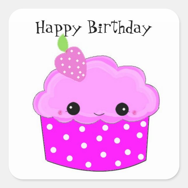 Sticker Carré Gâteau Cupcake Violet Joyeux Anniversaire (Devant)