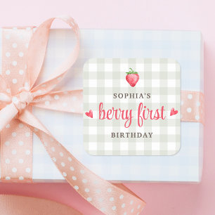 Sticker Carré Gâteau d'anniversaire à l'aquarelle fraise premier