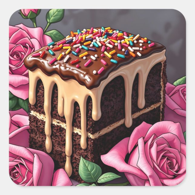 Sticker Carré Gâteau d'anniversaire au chocolat délicieux avec d (Devant)