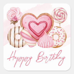 Sticker Carré Gâteau d'anniversaire avec biscuits et sucreries r