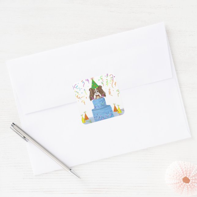Sticker Carré Gâteau d'anniversaire Cavalier King Charles Spanie (Enveloppe)
