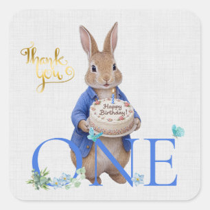Sticker Carré Gâteau d'anniversaire classique de lapin Merci