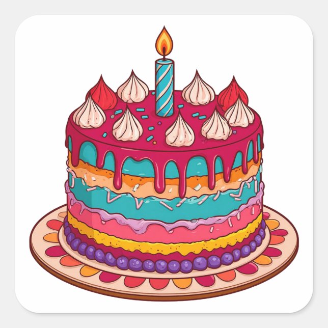 Sticker Carré Gâteau d'anniversaire coloré avec bougie (Devant)