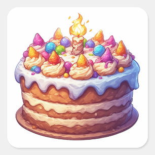 Sticker Carré Gâteau d'anniversaire coloré avec bougie