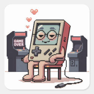 Sticker Carré Gâteau d'anniversaire de gamer pixelisé pour enfan