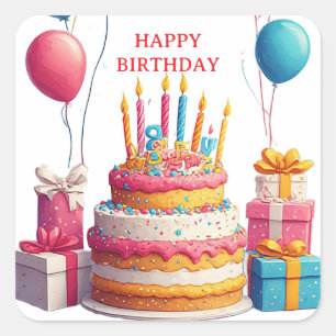 Sticker Carré 🎂 Gâteau d'anniversaire et décorations de fête 🎈