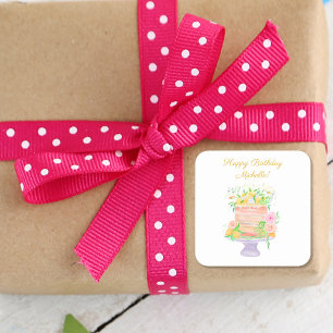 Sticker Carré Gâteau d'anniversaire floral au citron aquarelle