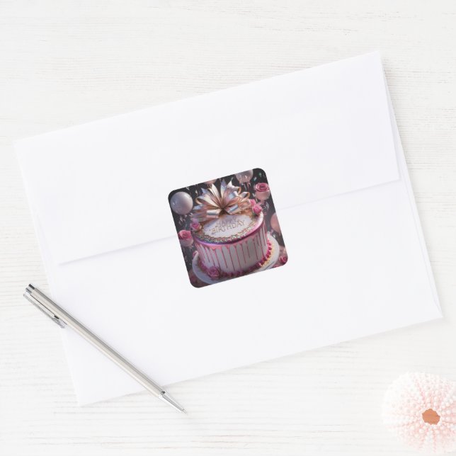 Sticker Carré Gâteau d'anniversaire rose fardé Célébration  (Enveloppe)