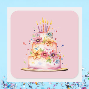 Sticker Carré Gâteau d'anniversaire rose moderne