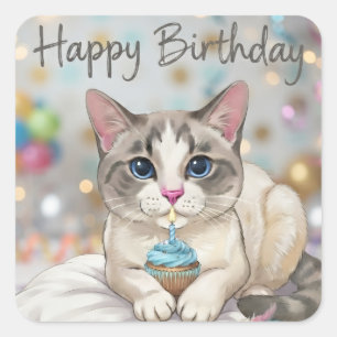 Sticker Carré Gâteau d'anniversaire Ton Bleu Chat Mignon Heureux