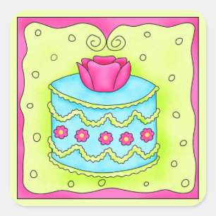 Sticker Carré Gâteau d'Anniversaire Turquoise Rose