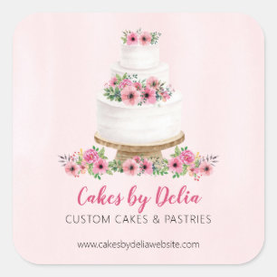 Sticker Carré Gâteau de mariage à l'aquarelle rose Promotionnel