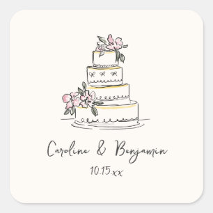 Sticker Carré Gâteau de mariage personnalisé à la main rose jaun