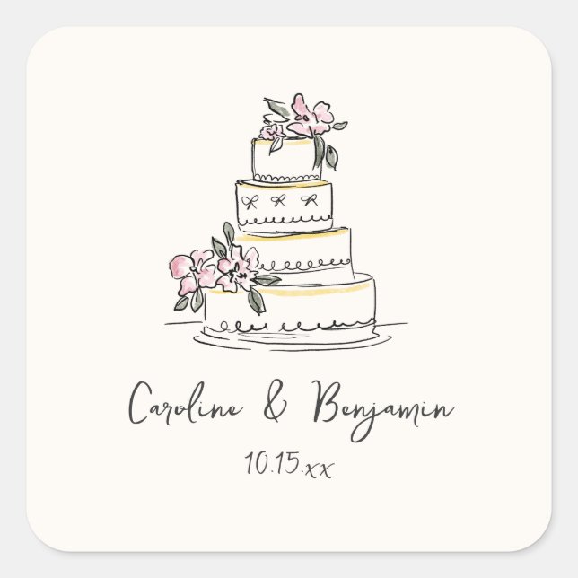Sticker Carré Gâteau de mariage personnalisé à la main rose jaun (Devant)