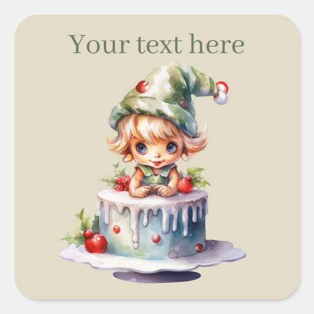 Sticker Carré gâteau de Noël elfe ajouter du texte (Devant)