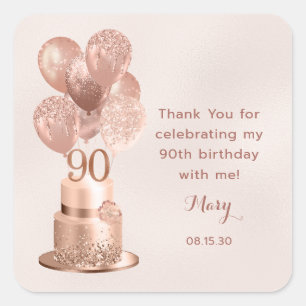 Sticker Carré Gâteau en or rose pour les 90 ans Remerciements