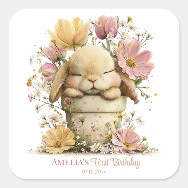 Sticker Carré Gâteau floral avec lapin (Devant)