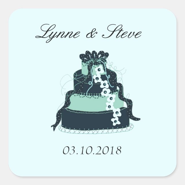 Sticker Carré Gâteau Mariage turquoise Enregistrer la date (Devant)