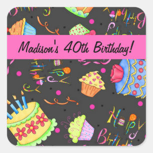 Sticker Carré Gâteau rose chaud noir célébrations du 40e anniver