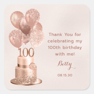 Sticker Carré Gâteau Rose Gold pour les 100 ans Remerciement