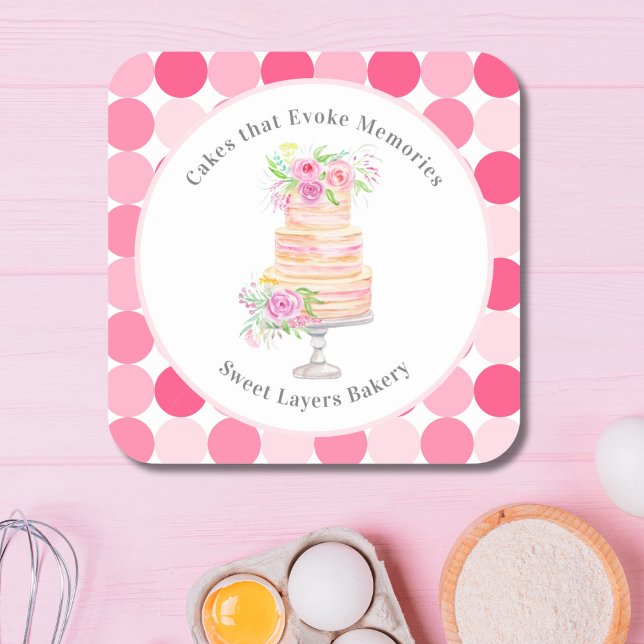Sticker Carré Gâteau superposé à l'aquarelle chic avec roses Bou (Créateur téléchargé)