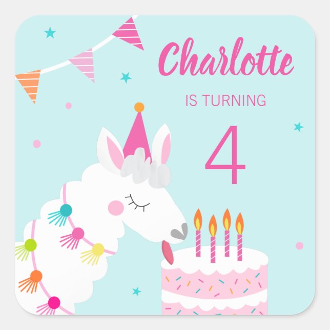 Sticker Carré Gâteau tout Llama amusant 4e anniversaire Aqua (Devant)