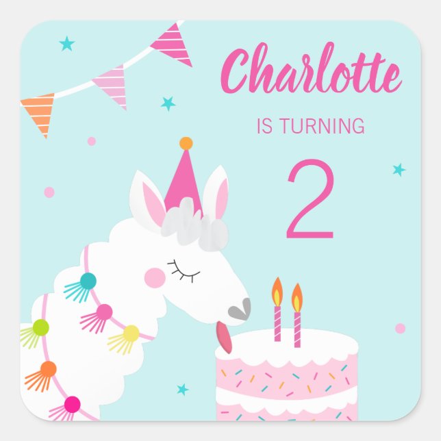 Sticker Carré Gâteau tout Llama Fun 2e anniversaire Aqua (Devant)