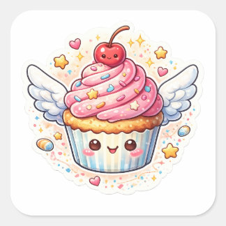 Sticker Carré Gâteau whimsique ailé – Design mignon.