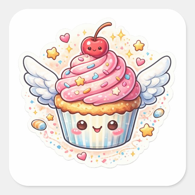 Sticker Carré Gâteau whimsique ailé – Design mignon. (Devant)