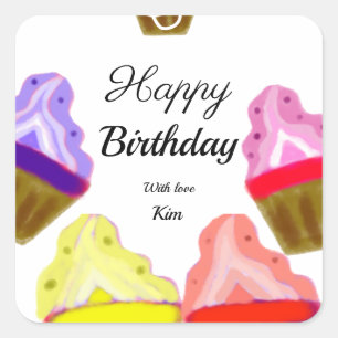 Sticker Carré gâteaux cupcakes colorés simples joyeux anniversai