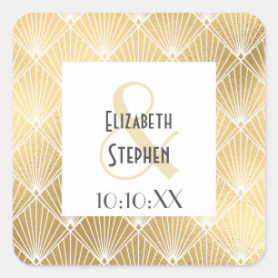 Sticker Carré Gatsby Élégant Art Déco Mariage Blanc & Or Carré