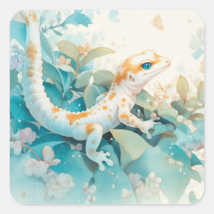 Sticker Carré Gecko Fantaisiste Parmi des Feuilles Douces Pastel